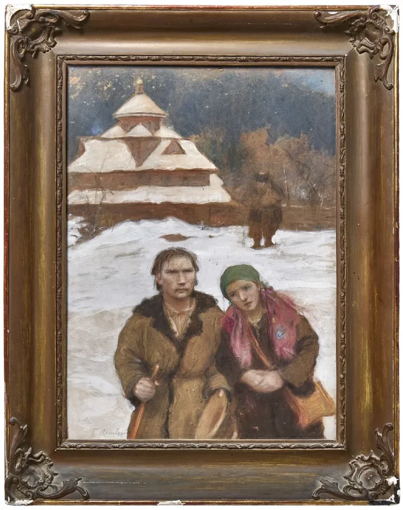 Teodor Axentowicz, Couple in the Snow, pastel, para chłopów w śniegu przed drewnianą cerkwią
