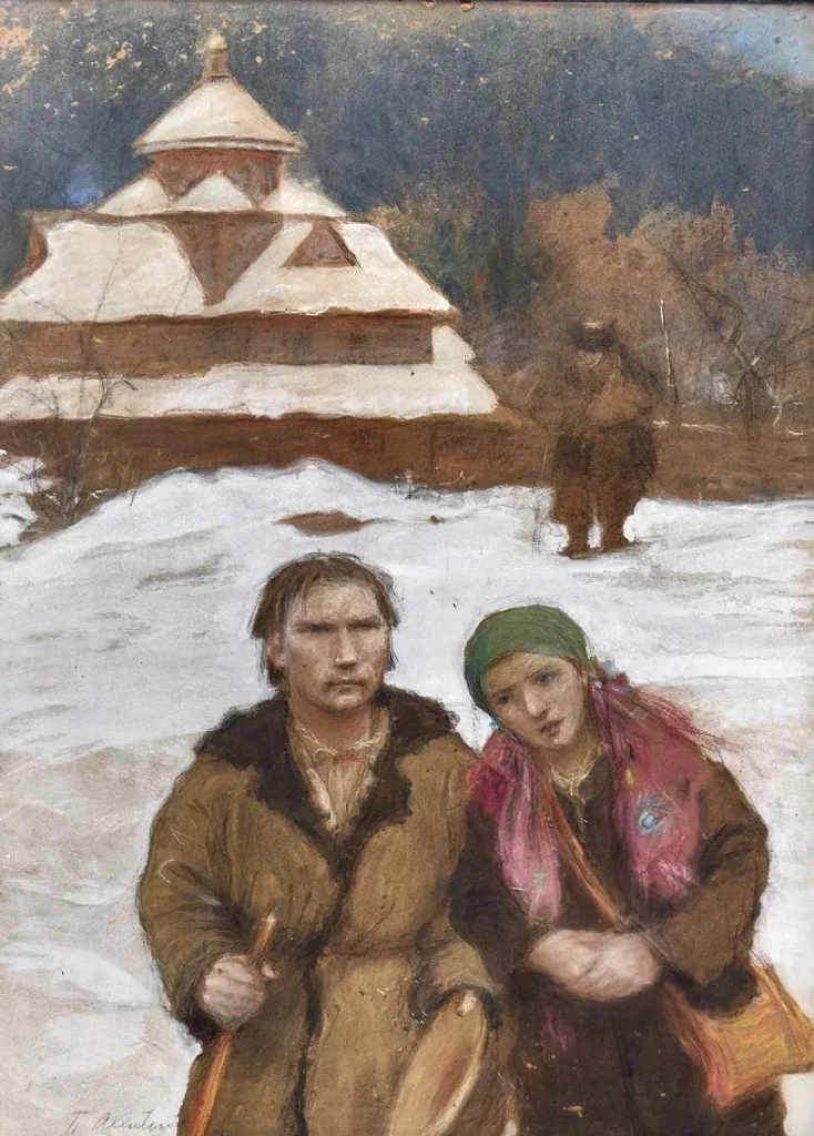 Teodor Axentowicz, Couple in the Snow, pastel na papierze, 69 × 49 cm
