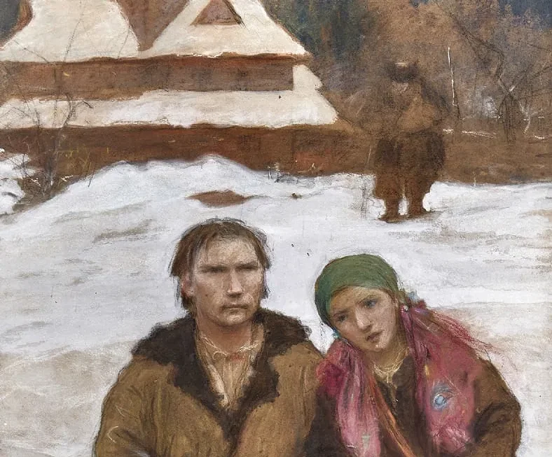 Teodor Axentowicz, Couple in the Snow, pastel na papierze, 69 × 49 cm