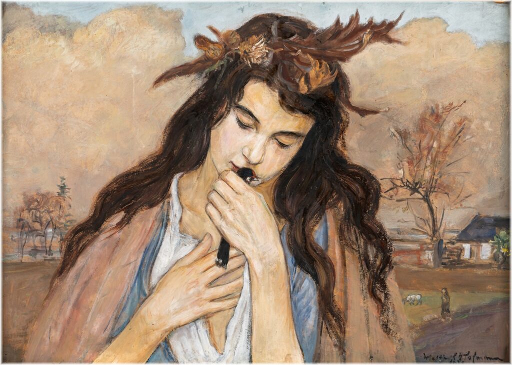 Wlastimil Hofman, dziewczyna z wiankiem we włosach trzyma jaskółkę przy ustach, w tle wiejski pejzaż, olej na kartonie, 49 x 70 cm