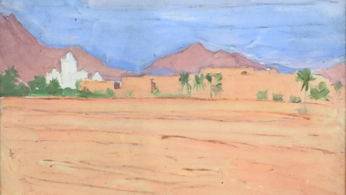 Adam Styka, Desert Landscape, olej na płótnie, piaszczysta równina, białe zabudowania, palmy i różowe góry