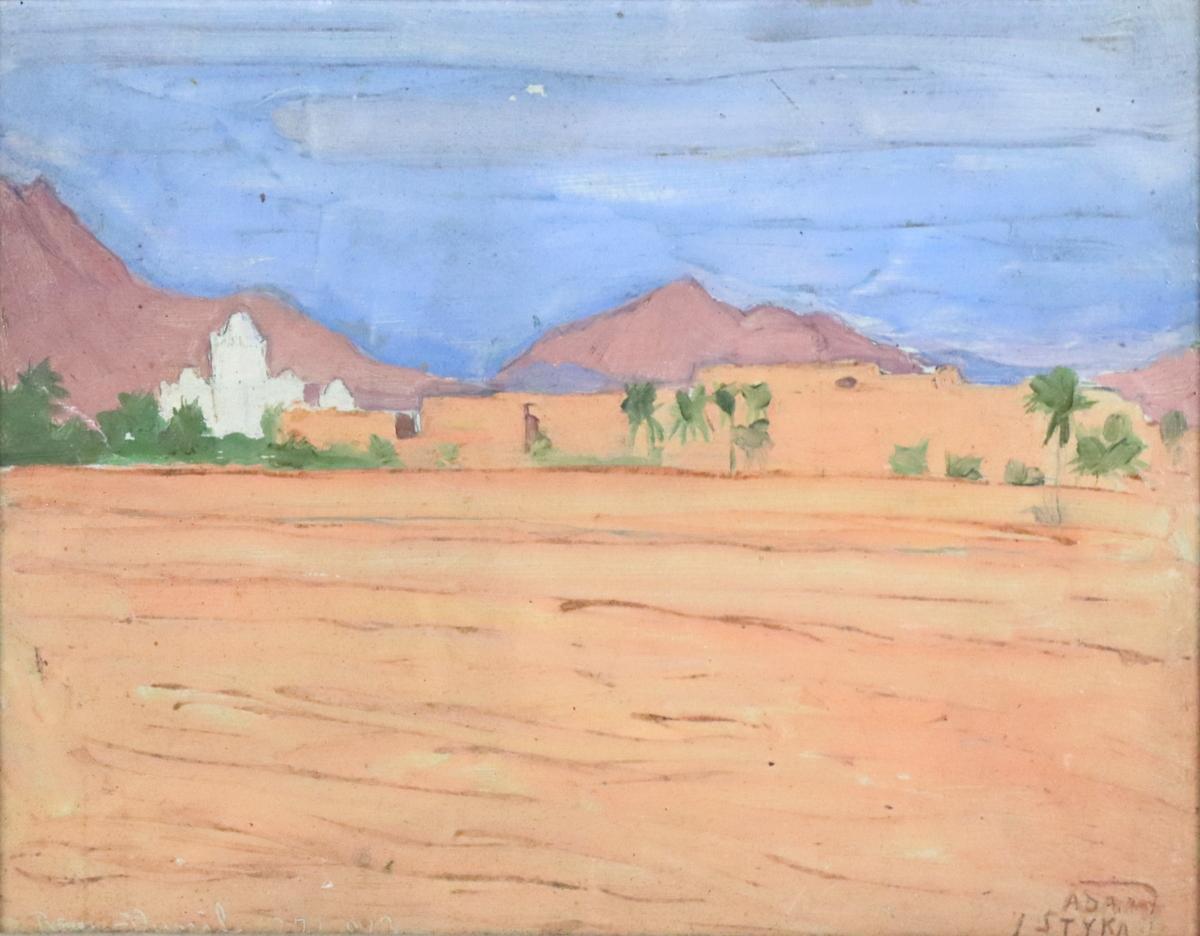 Adam Styka, Desert Landscape, olej na płótnie, piaszczysta równina, białe zabudowania, palmy i różowe góry