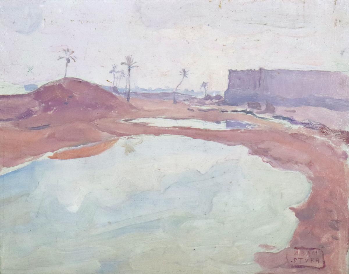 Adam Styka, Desert Landscape, olej na płótnie, rozlewisko wśród wydm, palmy i fioletowy mur