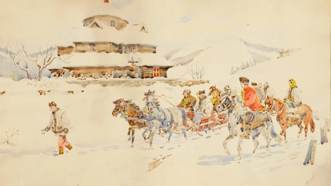 Karol Kossak, huculski orszak weselny na saniach w zimowym pejzażu, akwarela na papierze, 1942