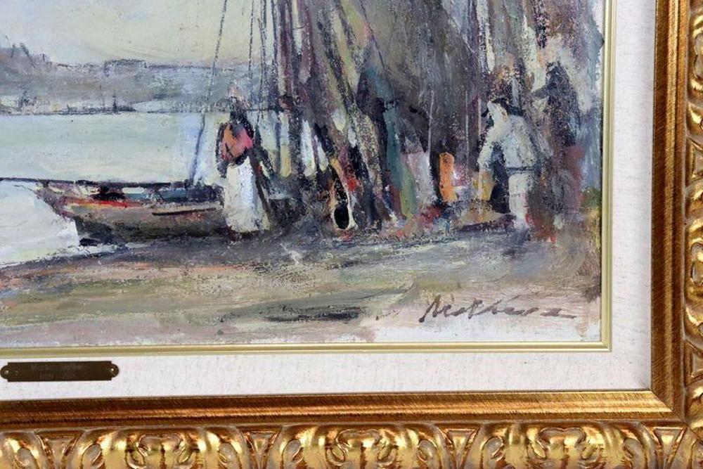 Sygnatura Mokwa w prawym dolnym rogu obrazu z żaglowcami