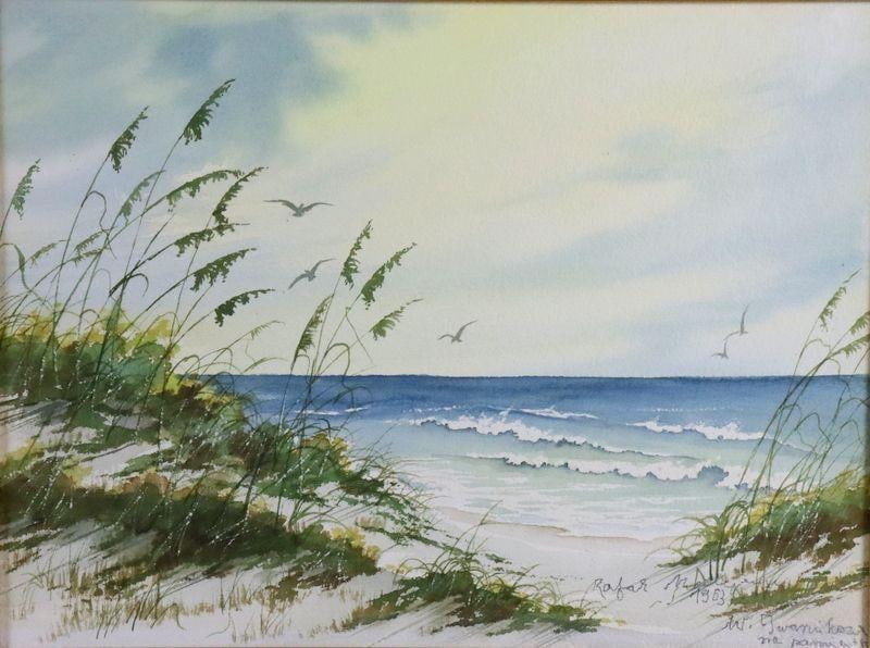 Rafał Malczewski, Untitled (Shore Scene), akwarela na papierze, 1963, plaża z trawą na wydmach