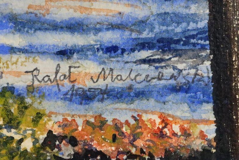 Sygnatura Rafał Malczewski na akwareli z wiatrakiem
