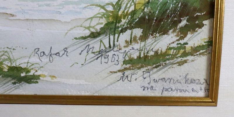 Sygnatura Rafała Malczewskiego z datą 1963 i polskim dopiskiem na akwareli z plażą