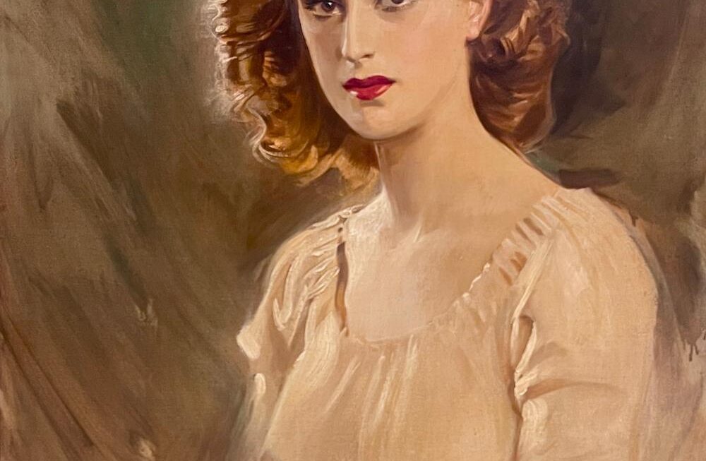 Tade Styka, Portrait of a Woman, olej na płótnie, portret rudowłosej kobiety w jasnej bluzce