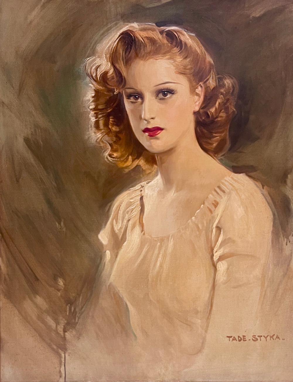Tade Styka, Portrait of a Woman, olej na płótnie, portret rudowłosej kobiety w jasnej bluzce