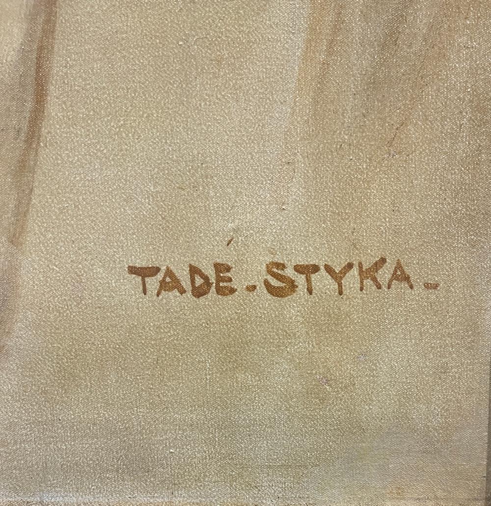 Sygnatura Tade Styka na portrecie kobiety, prawy dolny róg płótna