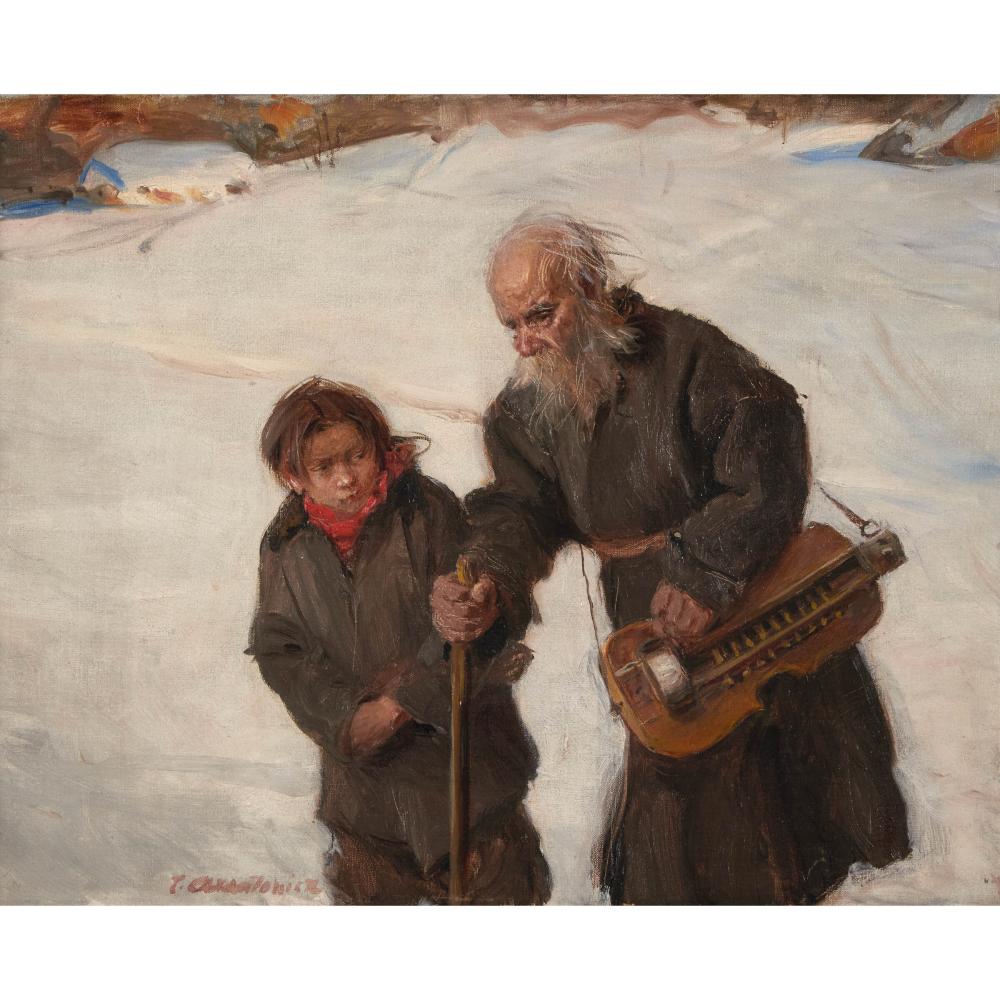 Teodor Axentowicz, Joueur de lyre (Lirnik), olej na płycie, starzec z lirą korbową i chłopiec na śniegu