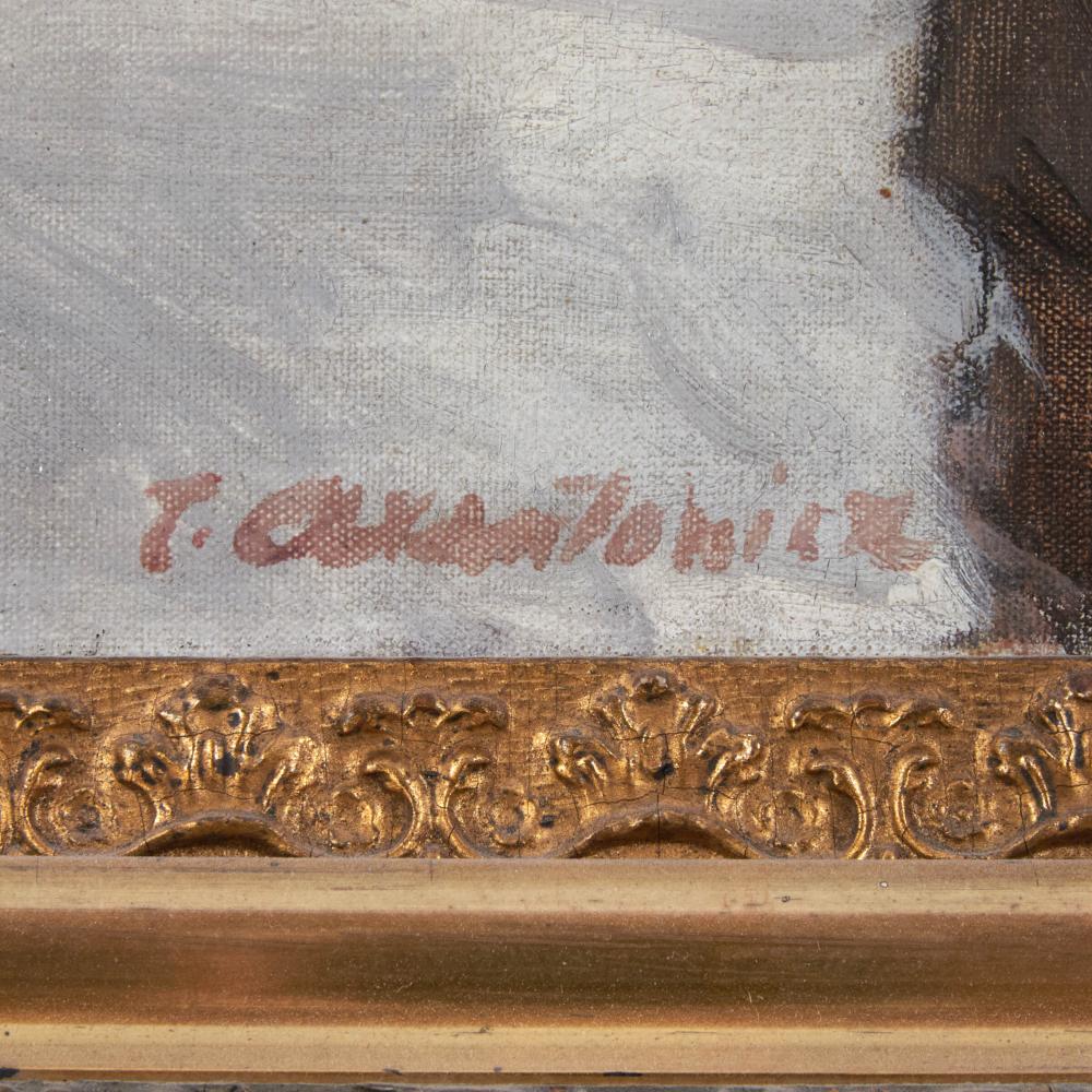 Sygnatura T. Axentowicz w lewym dolnym rogu obrazu Joueur de lyre