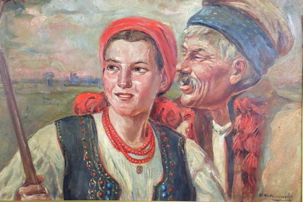 Wincenty Wodzinowski, Returning from the Fields, olej na płótnie, dziewczyna w czerwonej chuście i stary chłop