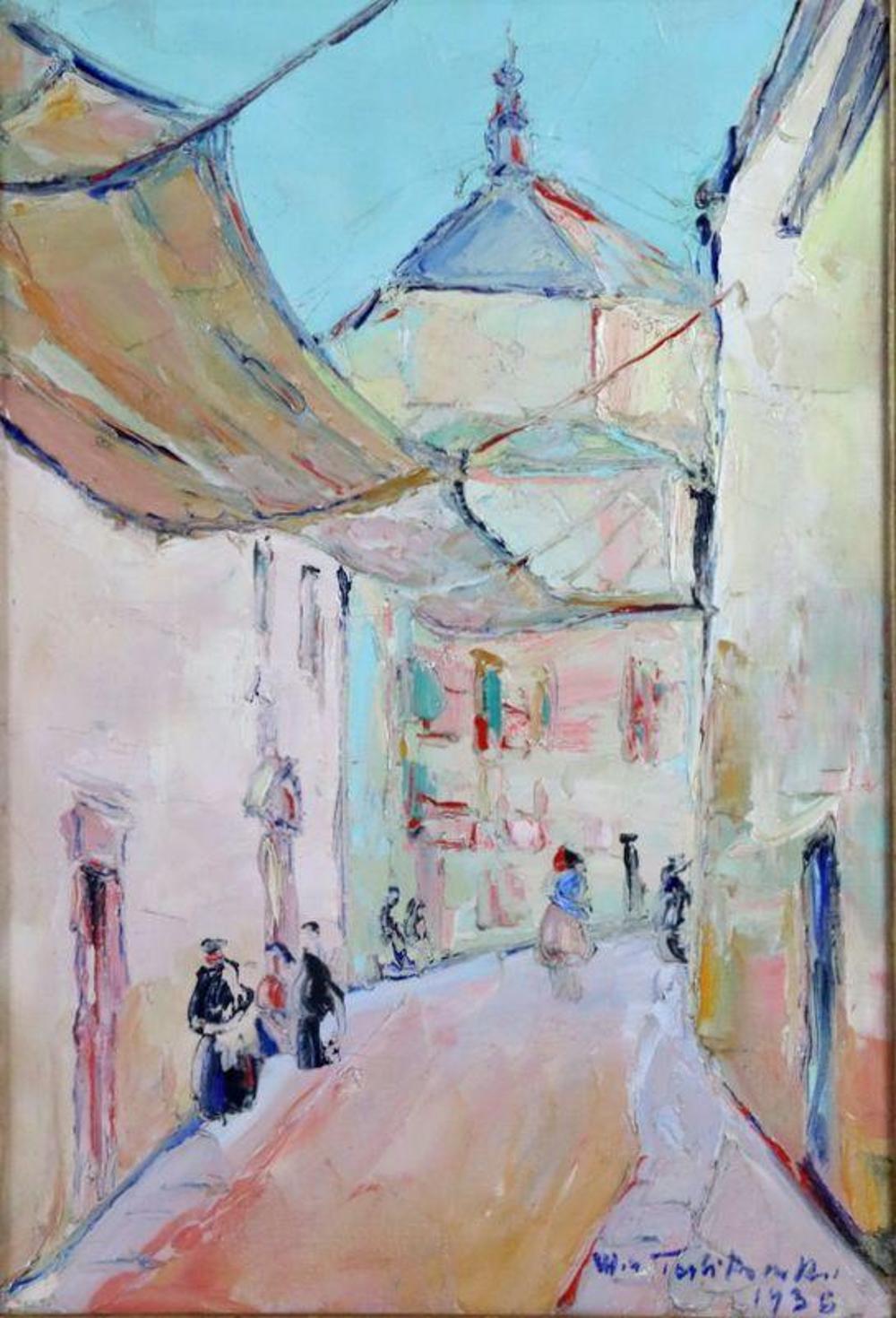 Włodzimierz Terlikowski, Untitled (Street Scene), olej na płótnie, uliczka pod markizami z kopułą w tle
