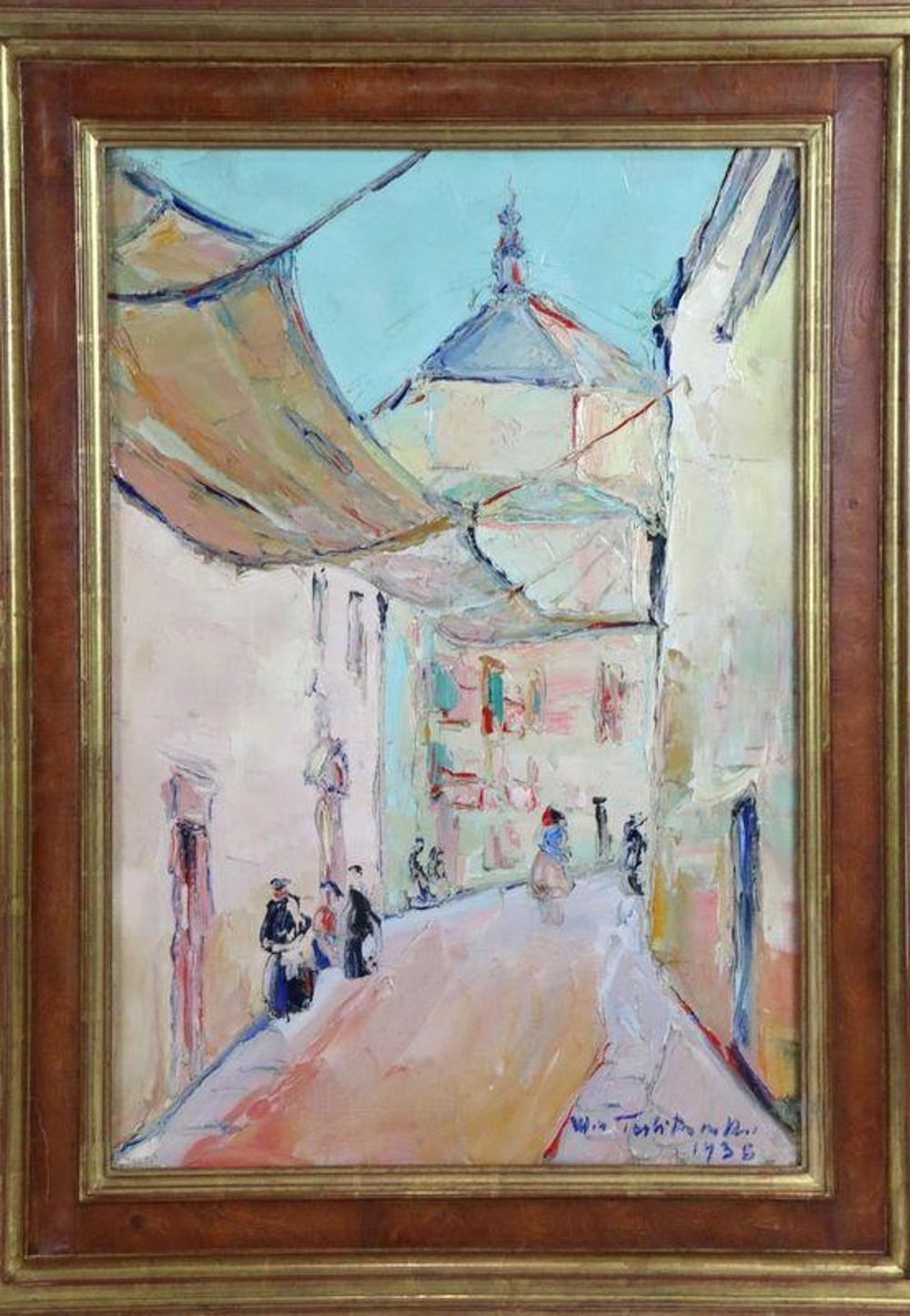 Włodzimierz Terlikowski, Untitled (Street Scene) w złoconej ramie, zbliżenie