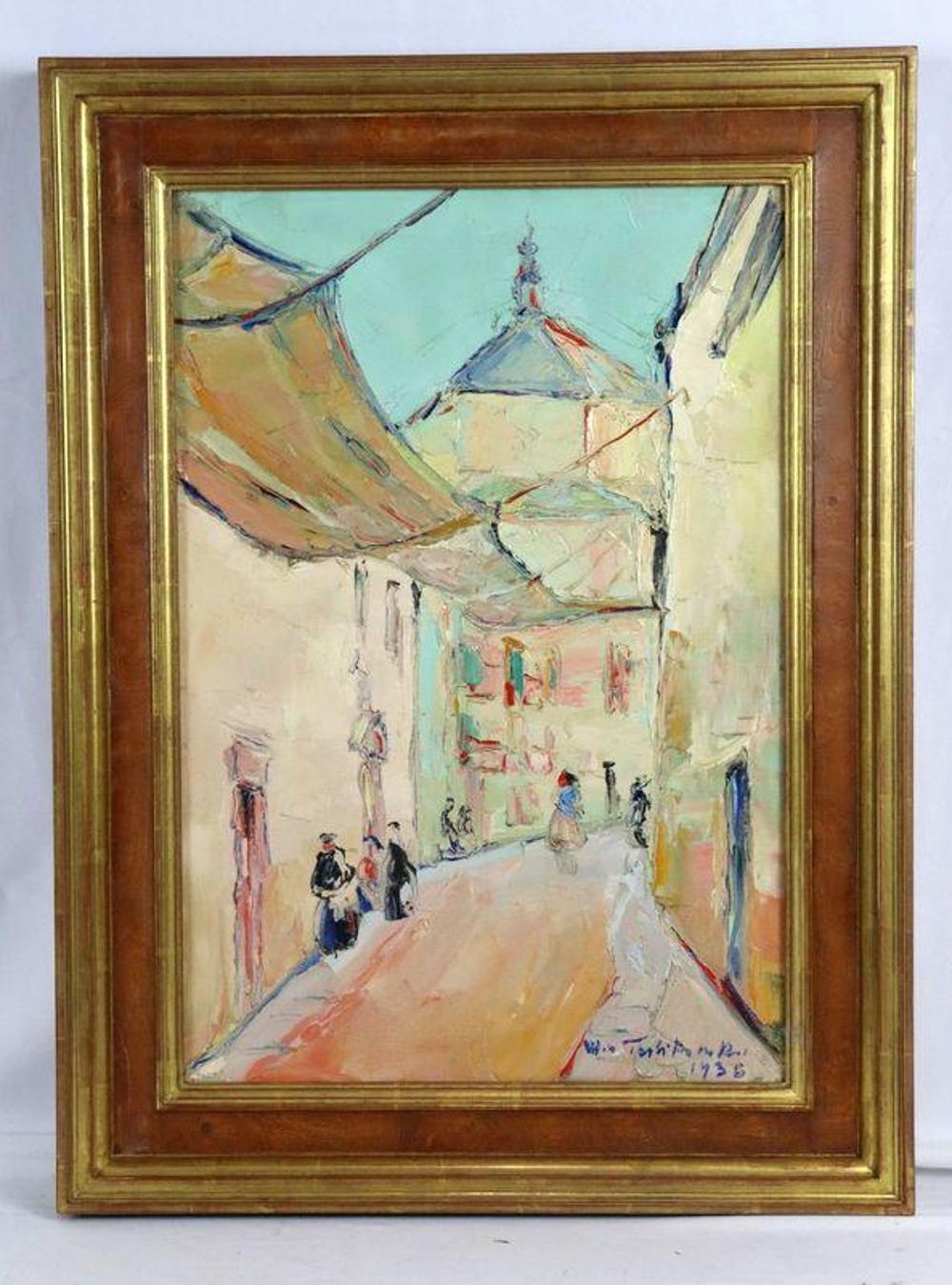 Włodzimierz Terlikowski, Untitled (Street Scene) w złoconej ramie z drewnianą wklejką