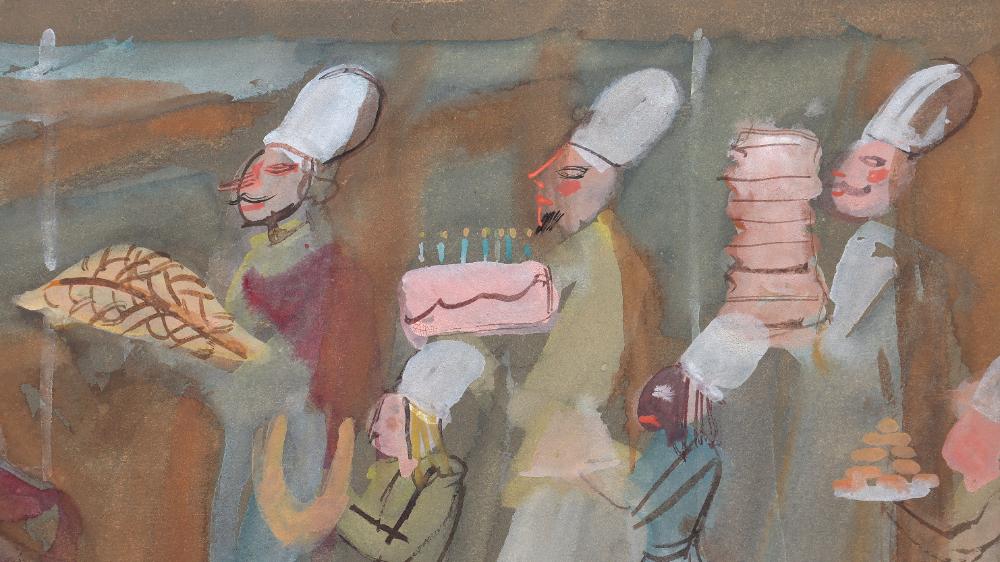 Zygmunt Menkes, Patiserie, zbliżenie cukierników w wysokich czapkach z tortem i ciastami
