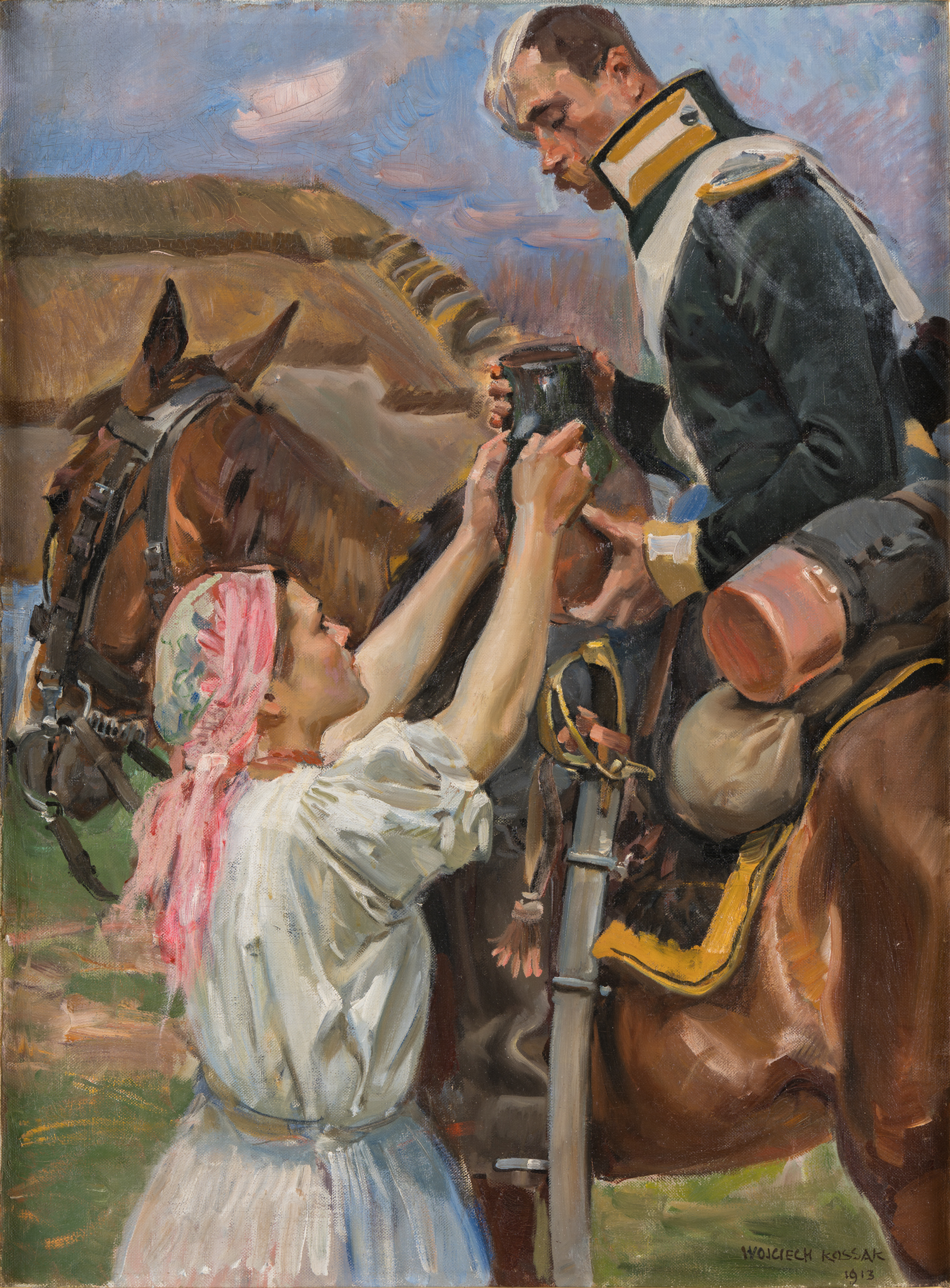 Wojciech Kossak, Eine Erfrischung, ułan pojony przez dziewczynę, olej na płótnie, 1913