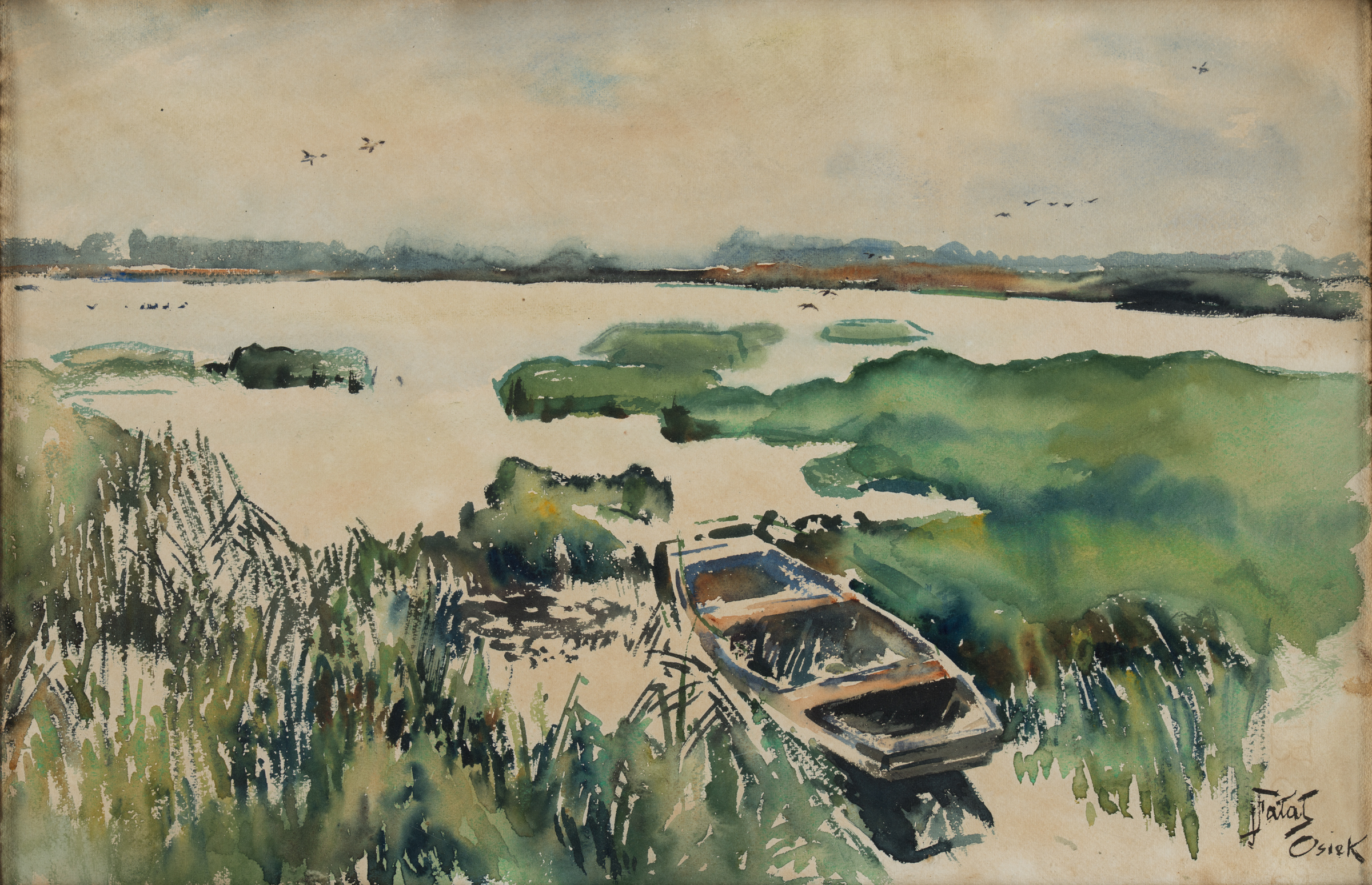 Julian Fałat, Seenlandschaft, staw z łodzią w Osieku, akwarela