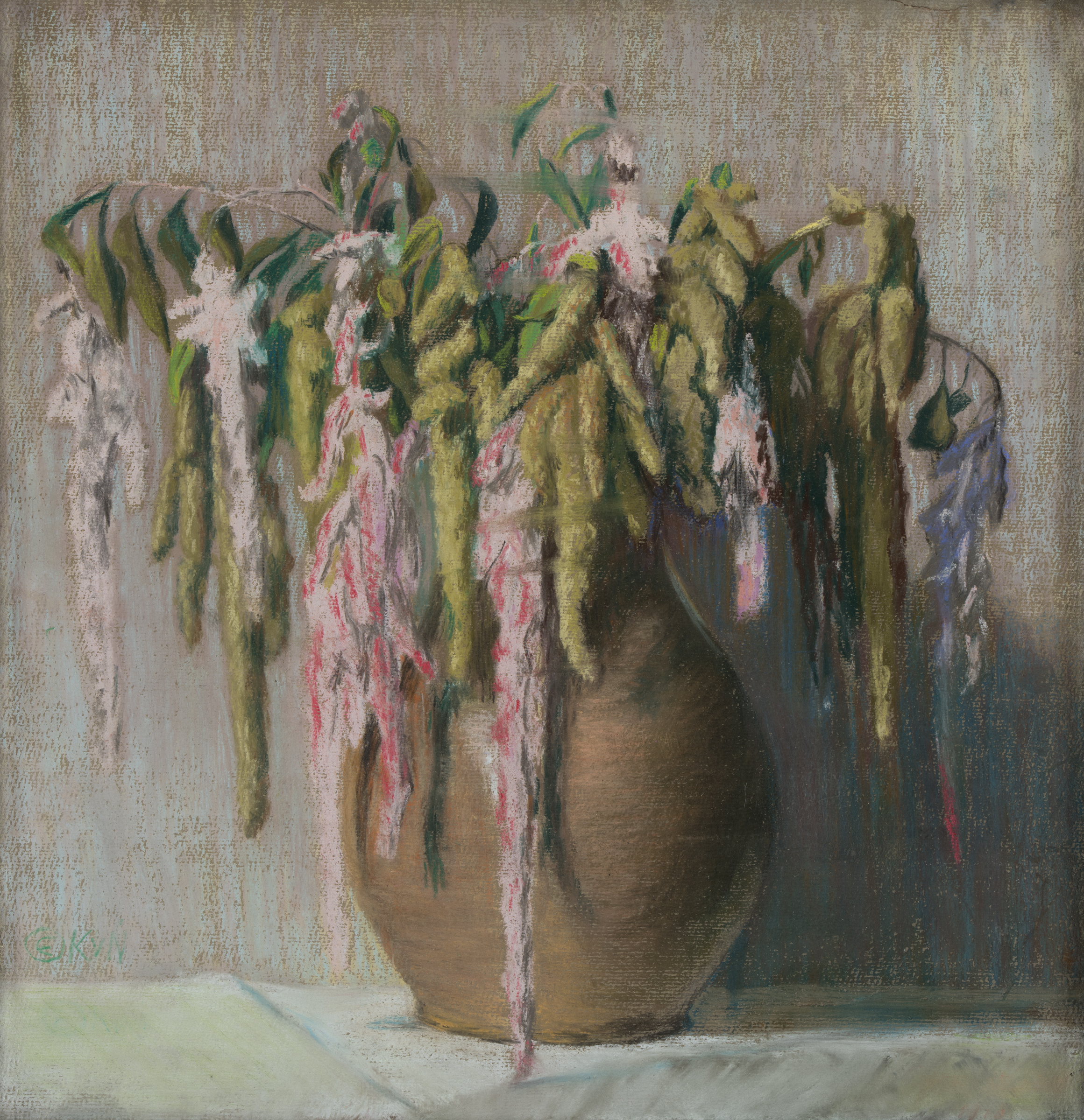 Edward Okuń, martwa natura z kwiatami w dzbanie, pastel
