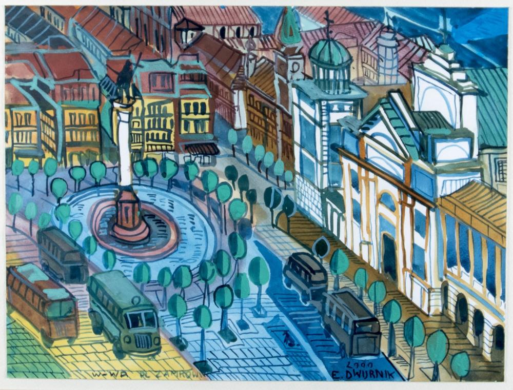 Edward Dwurnik, Warszawa, Plac Zamkowy, akwarela na papierze, 2000