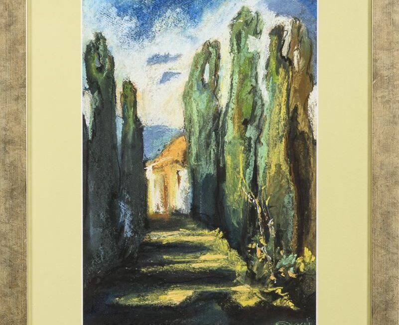 Edward Okuń według domu WENDL, Mediterrane Landschaft, aleja cyprysów przed willą, technika mieszana