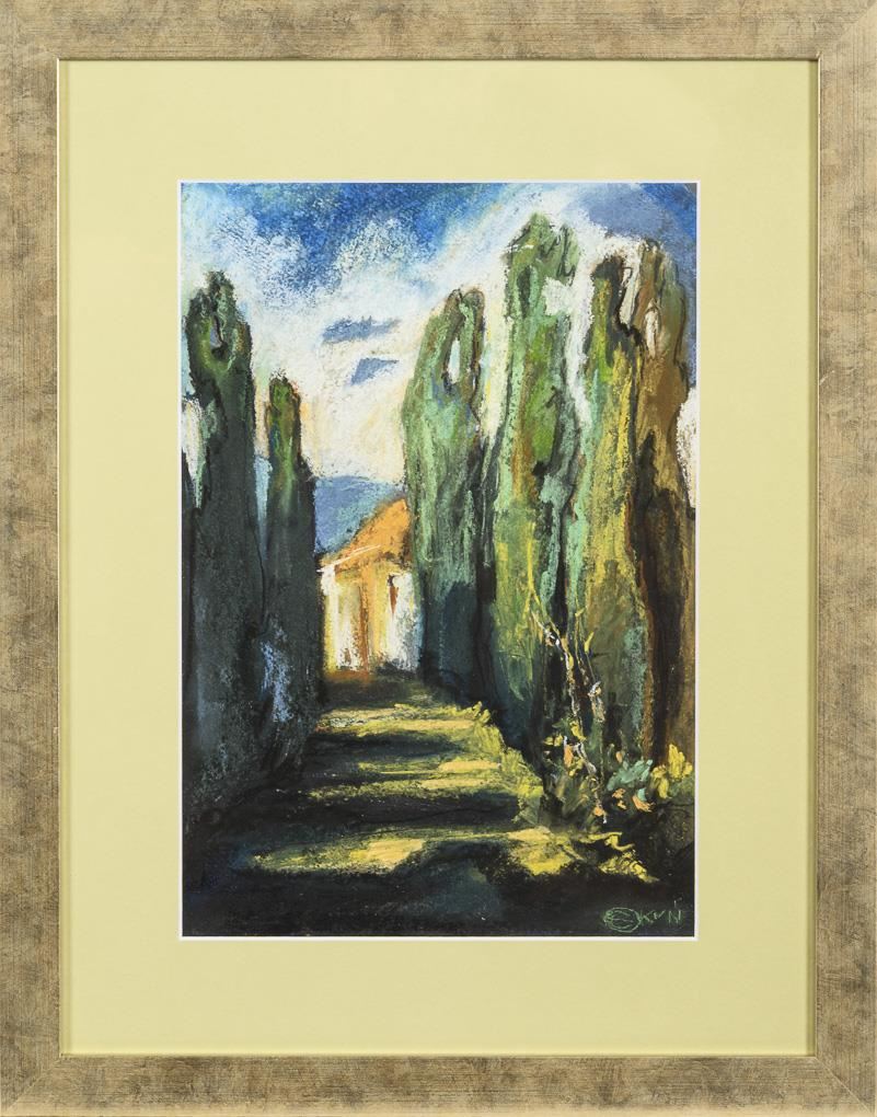 Edward Okuń według domu WENDL, Mediterrane Landschaft, aleja cyprysów przed willą, technika mieszana