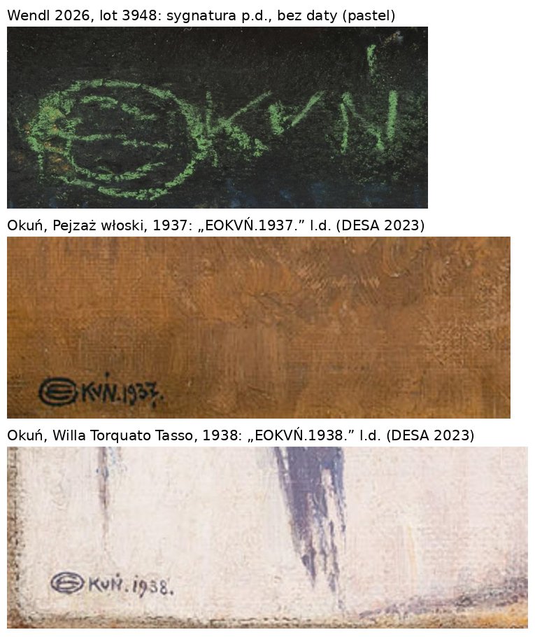 Sygnatura z pejzażu w WENDL obok sygnatur Edwarda Okunia z obrazów z 1937 i 1938 roku