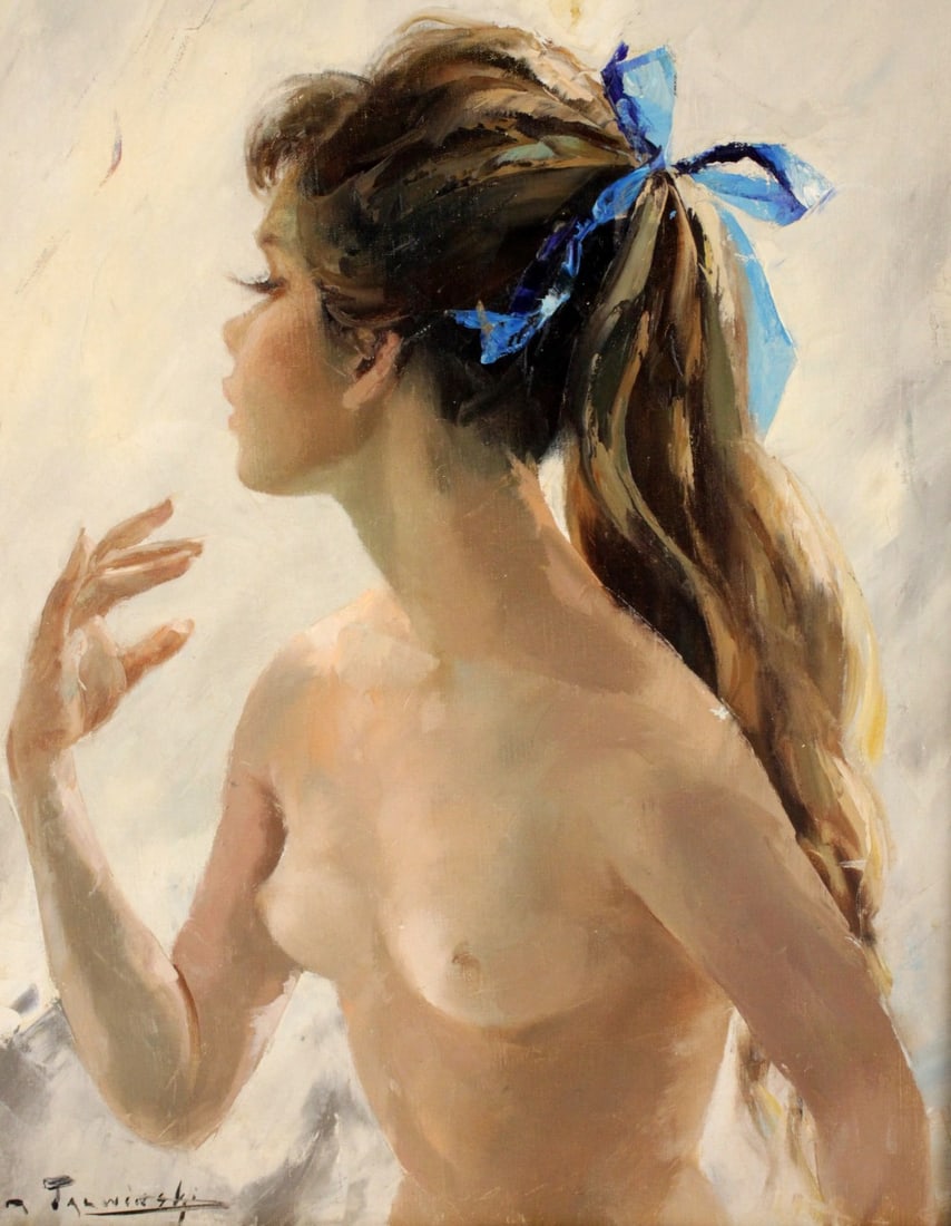 Igor Talwiński, Female Nude, detal: głowa z niebieską kokardą