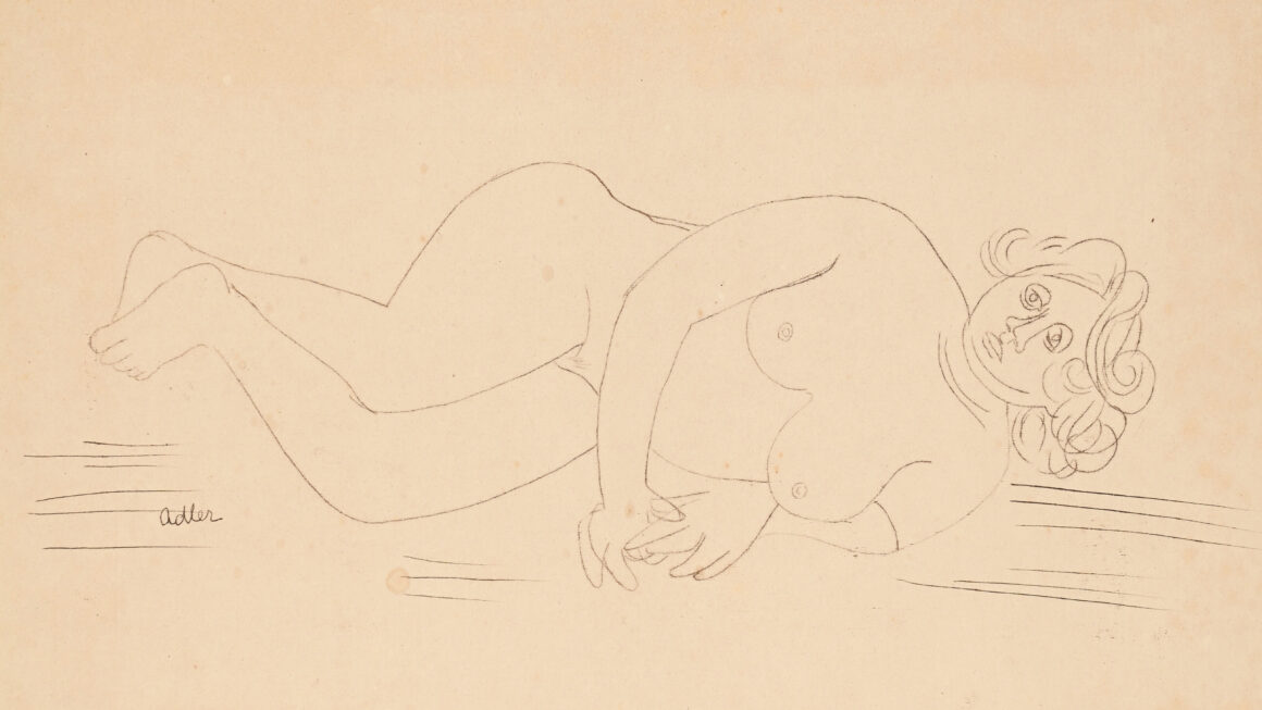 Jankel Adler, Reclining Nude, rysunek w technice offsetowej, ok. 1942, leżący akt kobiety