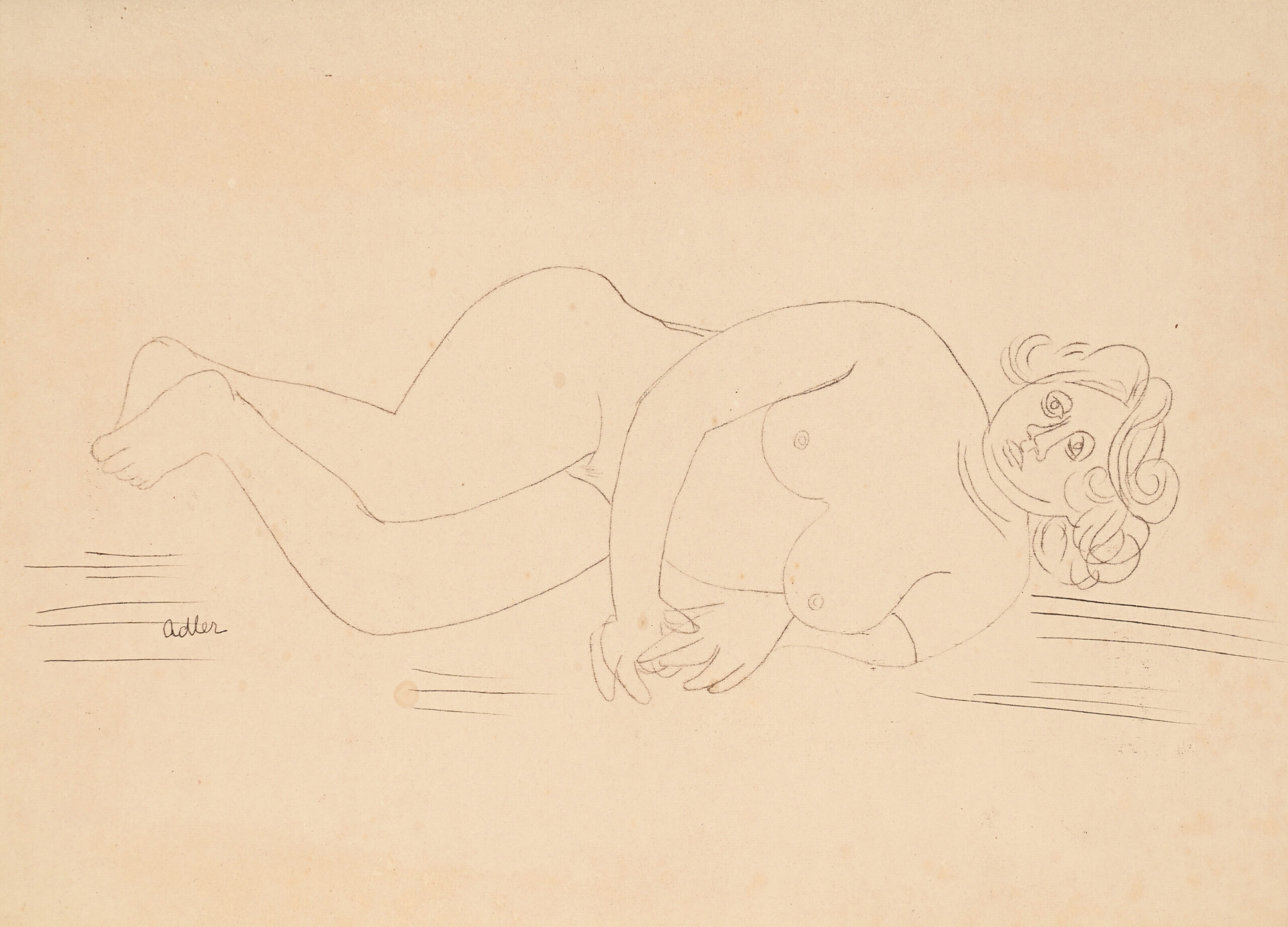 Jankel Adler, Reclining Nude, rysunek w technice offsetowej, ok. 1942, leżący akt kobiety