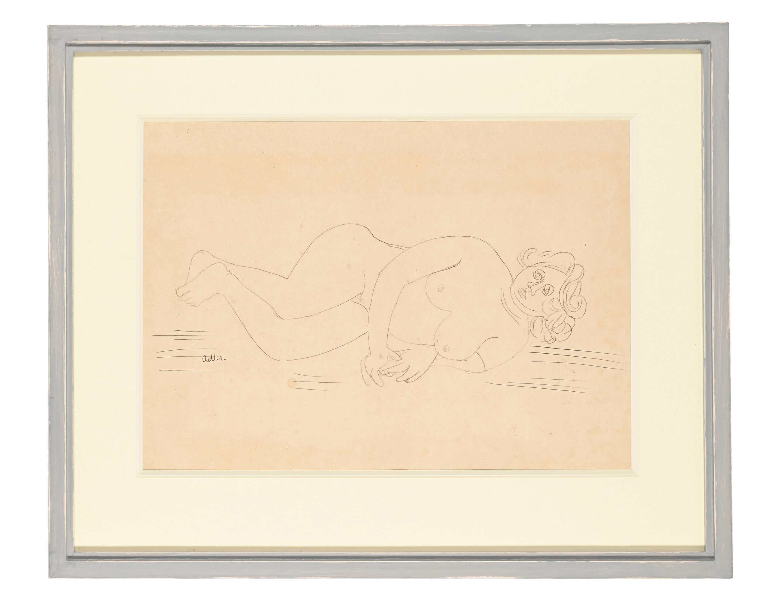 Jankel Adler, Reclining Nude, rysunek w szarej ramie z jasnym passe-partout