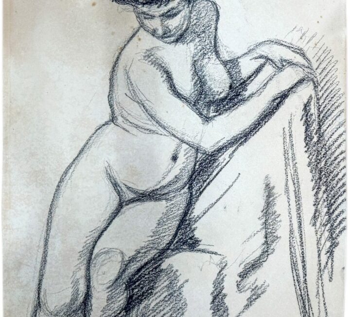 Józef Pankiewicz, A woman in nude, akt kobiecy, węgiel na papierze, sygnowany Pankiewicz 09