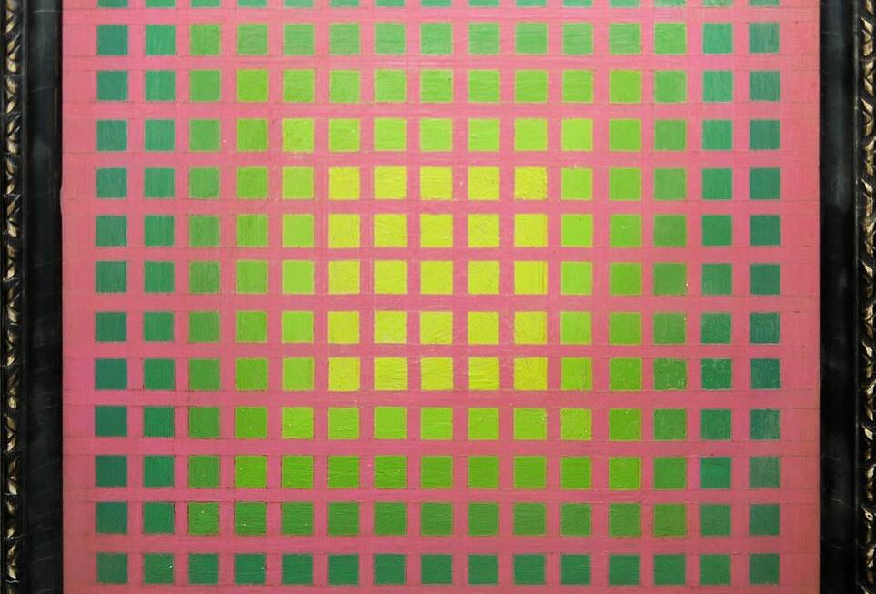Julian Stańczak (przypisywany), Melting in Late Color, olej na płycie, 1968