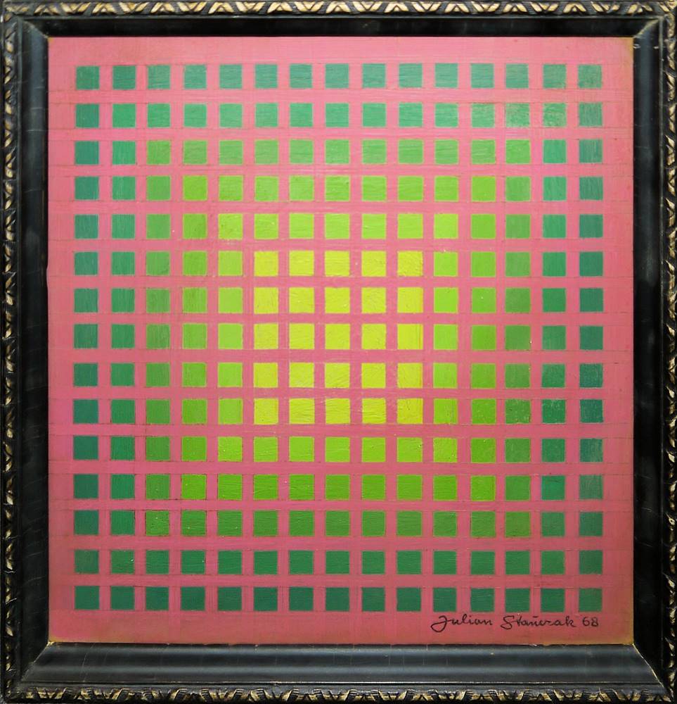 Julian Stańczak (przypisywany), Melting in Late Color, olej na płycie, 1968