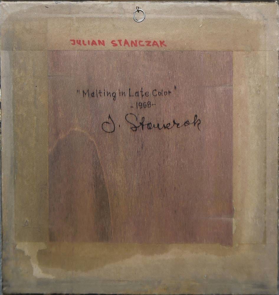 Julian Stańczak (przypisywany), Melting in Late Color, odwrocie z tytułem i podpisem