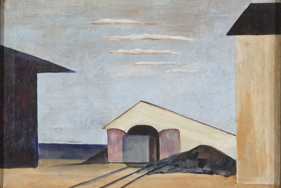 Louis Marcoussis (sygnatura), Untitled, pejzaż z szopą i torami, olej na płótnie, 1925