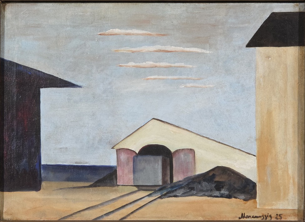 Louis Marcoussis (sygnatura), Untitled, pejzaż z szopą i torami, olej na płótnie, 1925