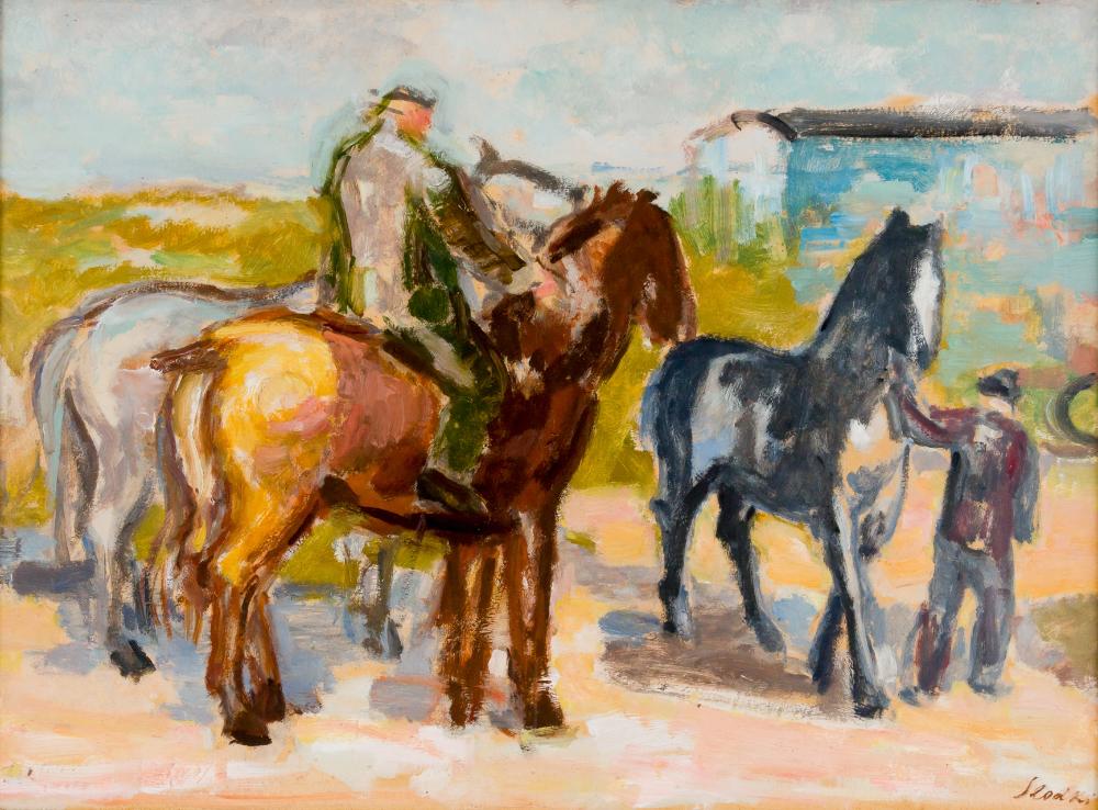 Marcel Słodki, Horse Scene with Two Figures (Scena z końmi i dwiema postaciami), olej na tekturze