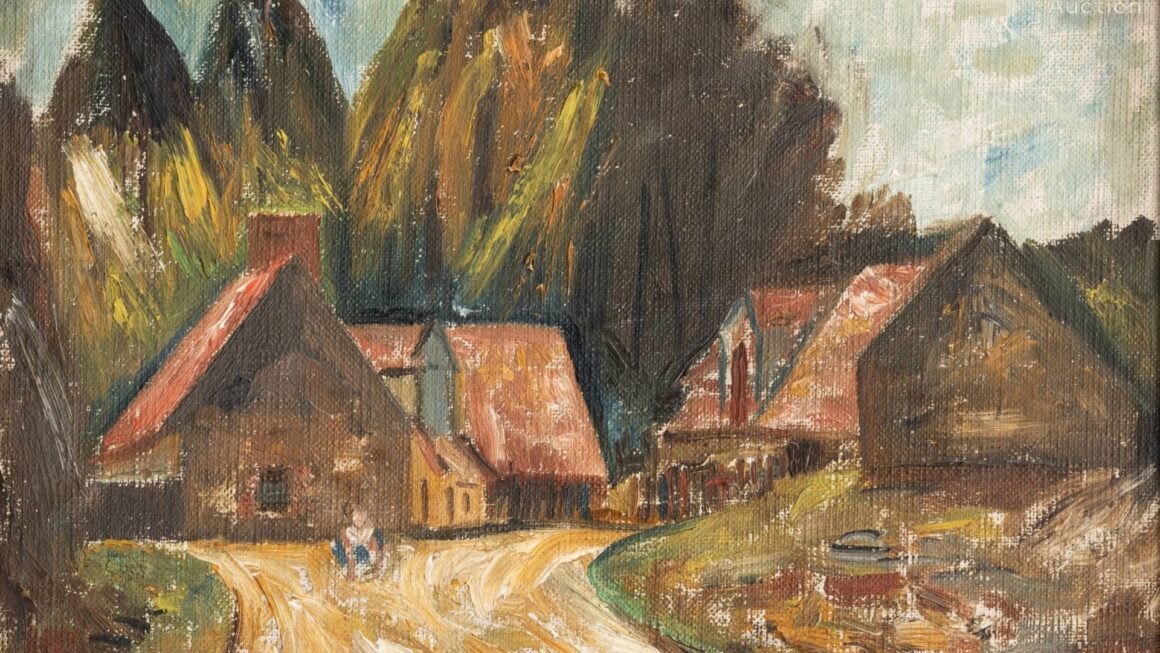 Tadeusz Makowski, Pejzaż z domami w Normandii, olej na płótnie naklejonym na karton, 1929
