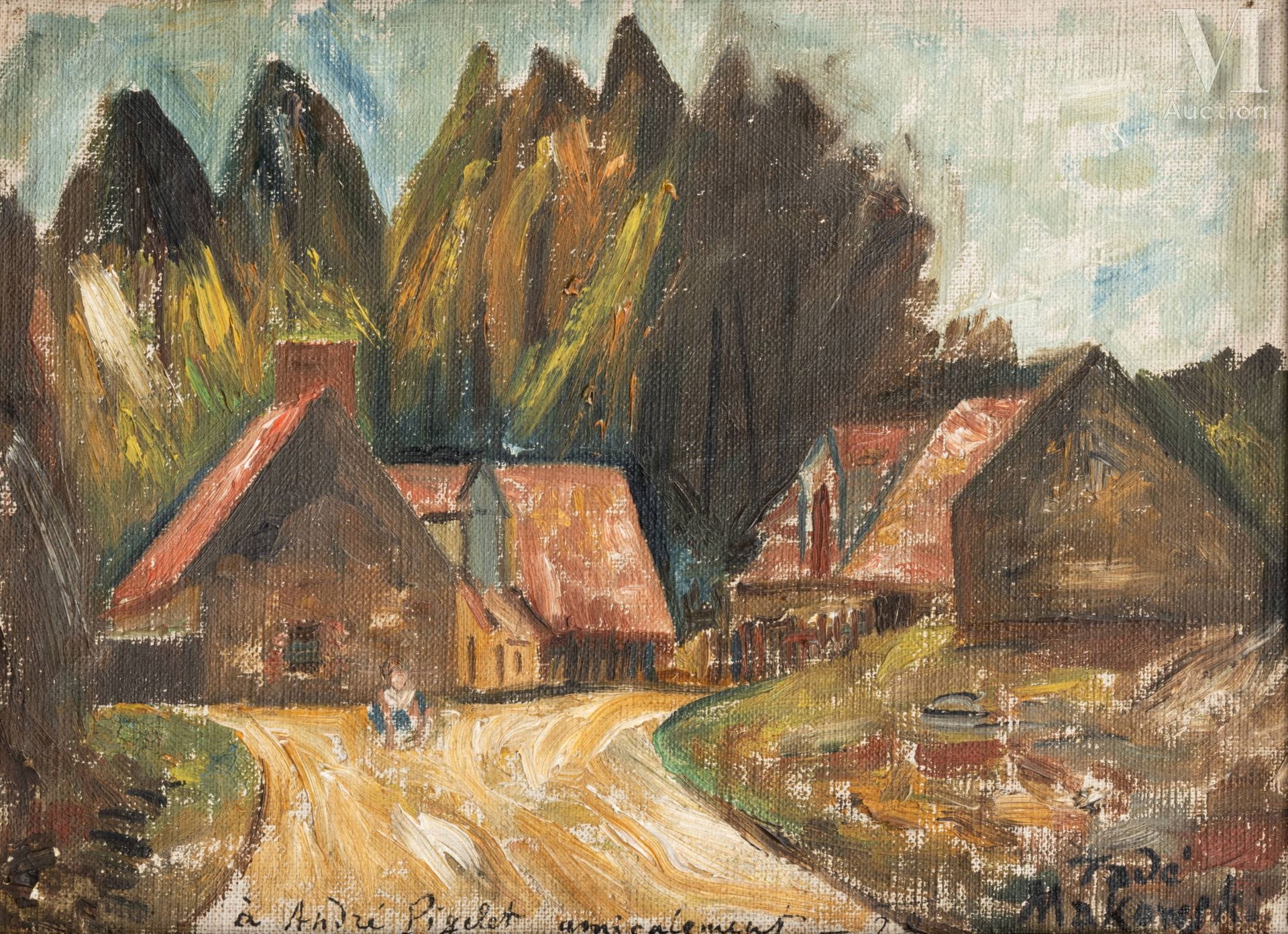 Tadeusz Makowski, Pejzaż z domami w Normandii, olej na płótnie naklejonym na karton, 1929