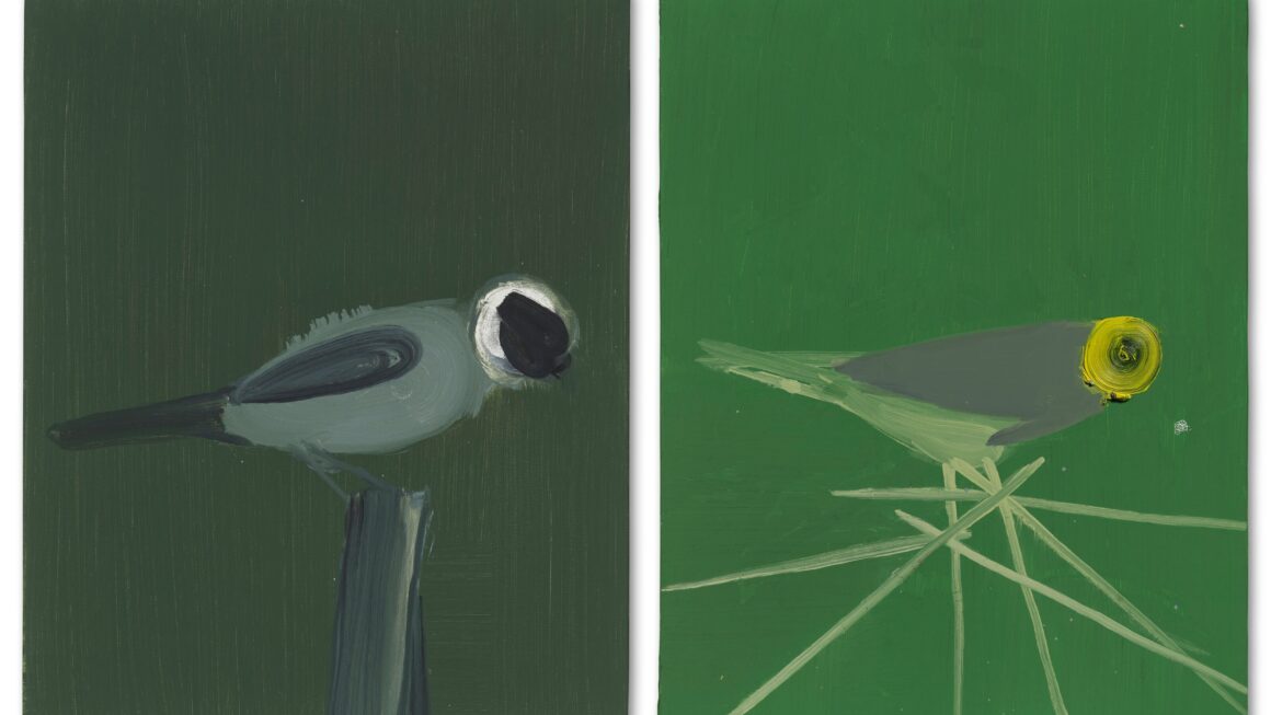 Wilhelm Sasnal, dwa obrazy Untitled, olej na płótnie, 2005, ptaki na zielonym tle