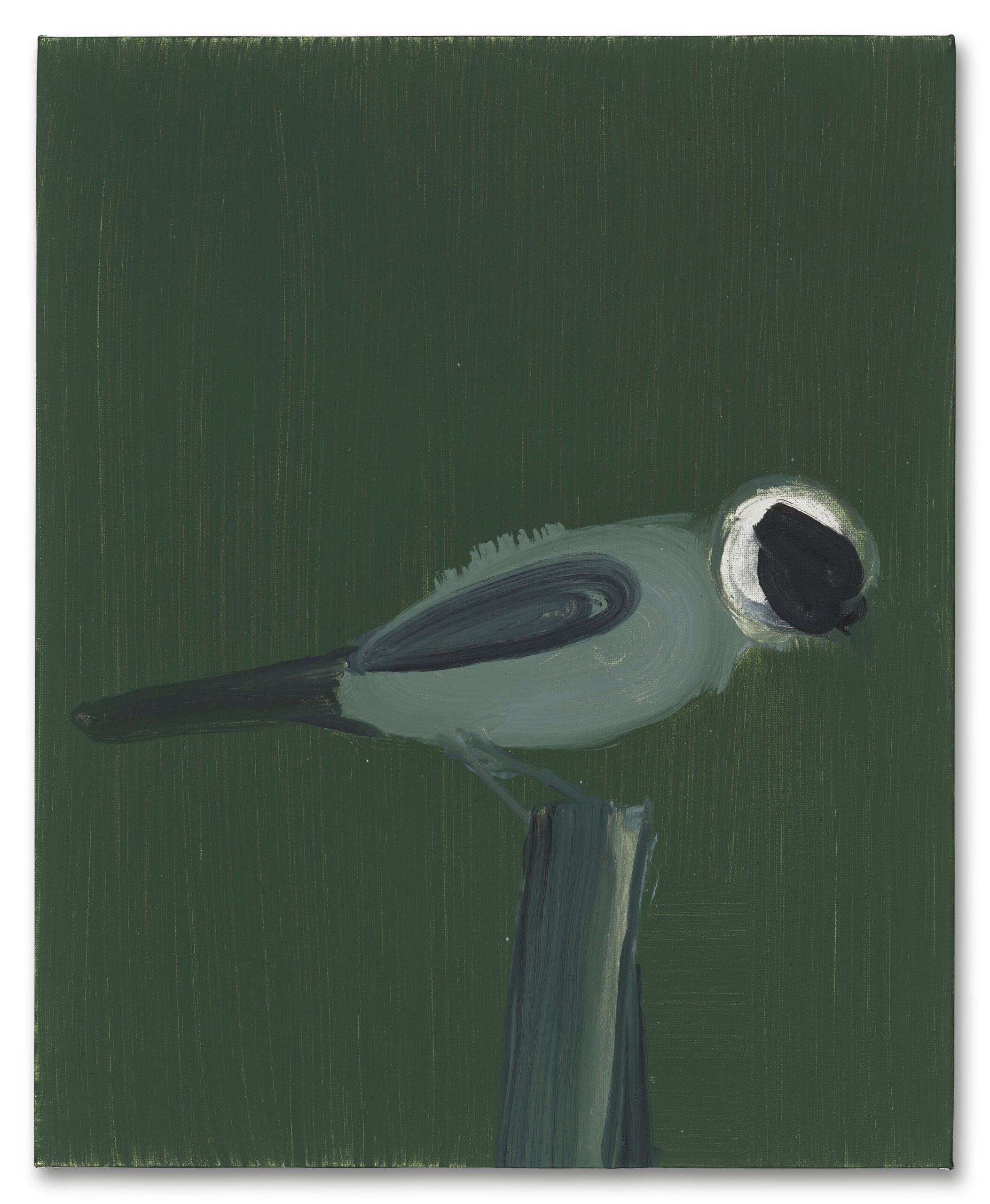 Wilhelm Sasnal, Untitled, olej na płótnie, 2005, szary ptak z czarną głową na palu